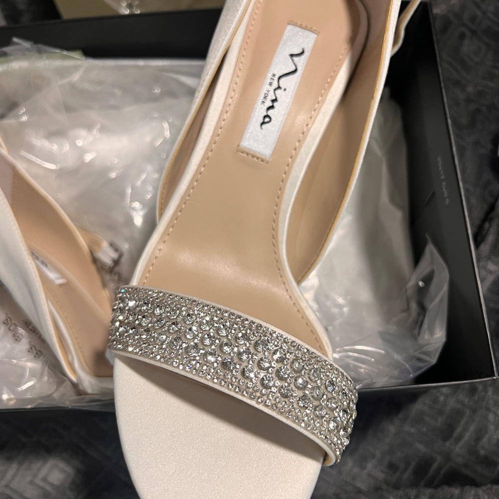 Nina White and Silver Heels with Embellished Strap
